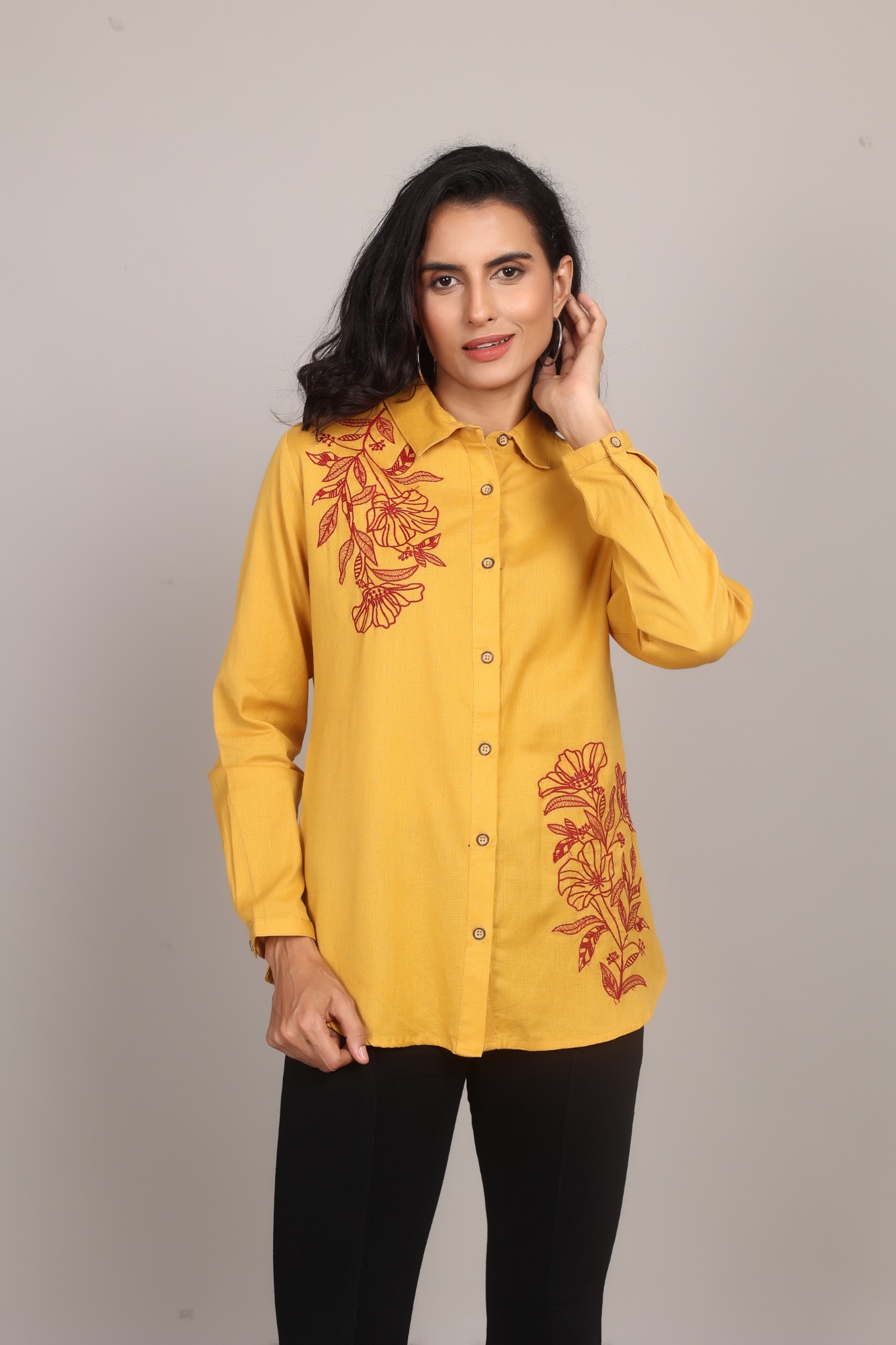Modyne Mustard Floral Embroidered Shirt