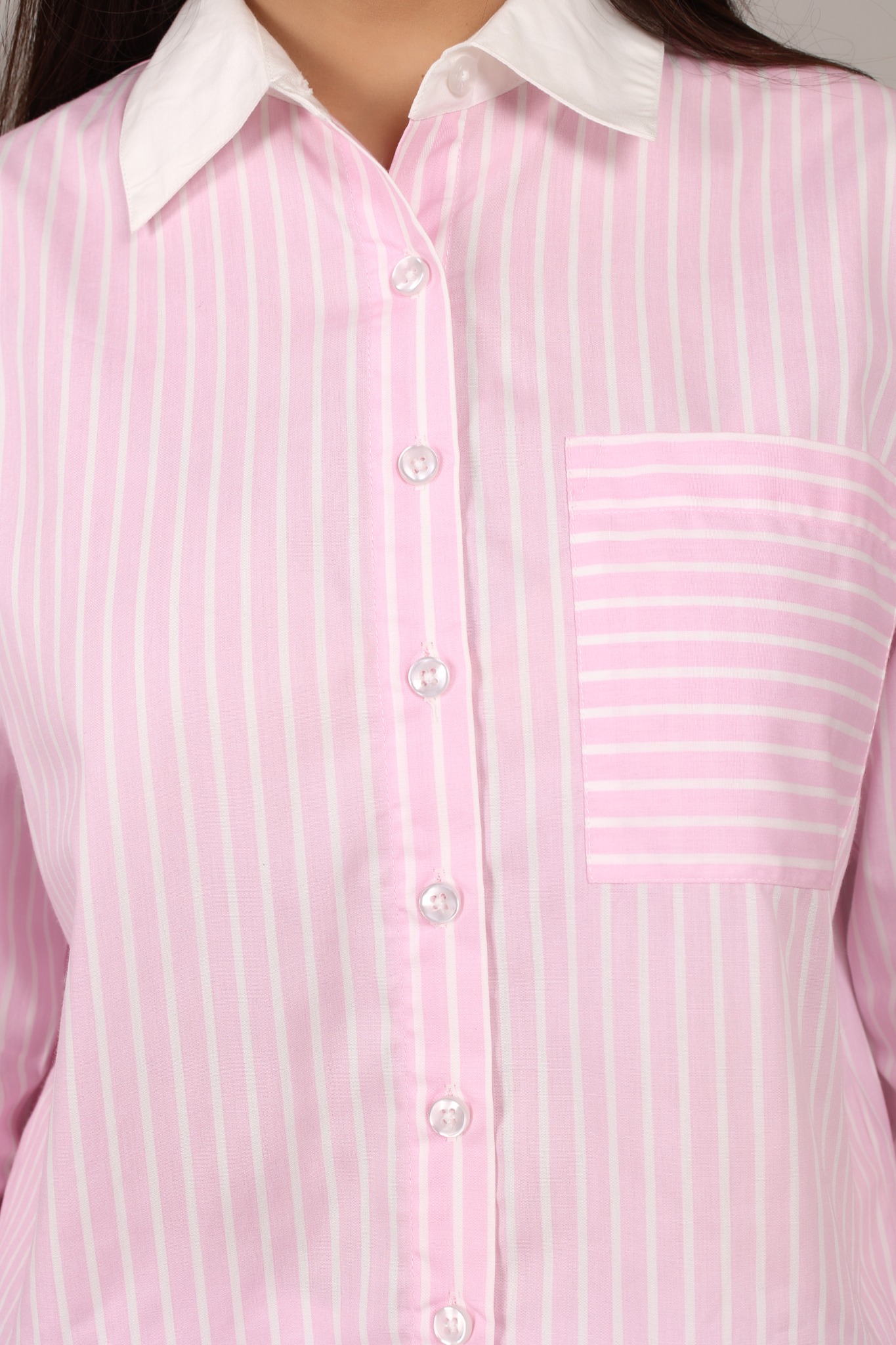 Modyne Pink Striped Contrast Collar Crop Shirt