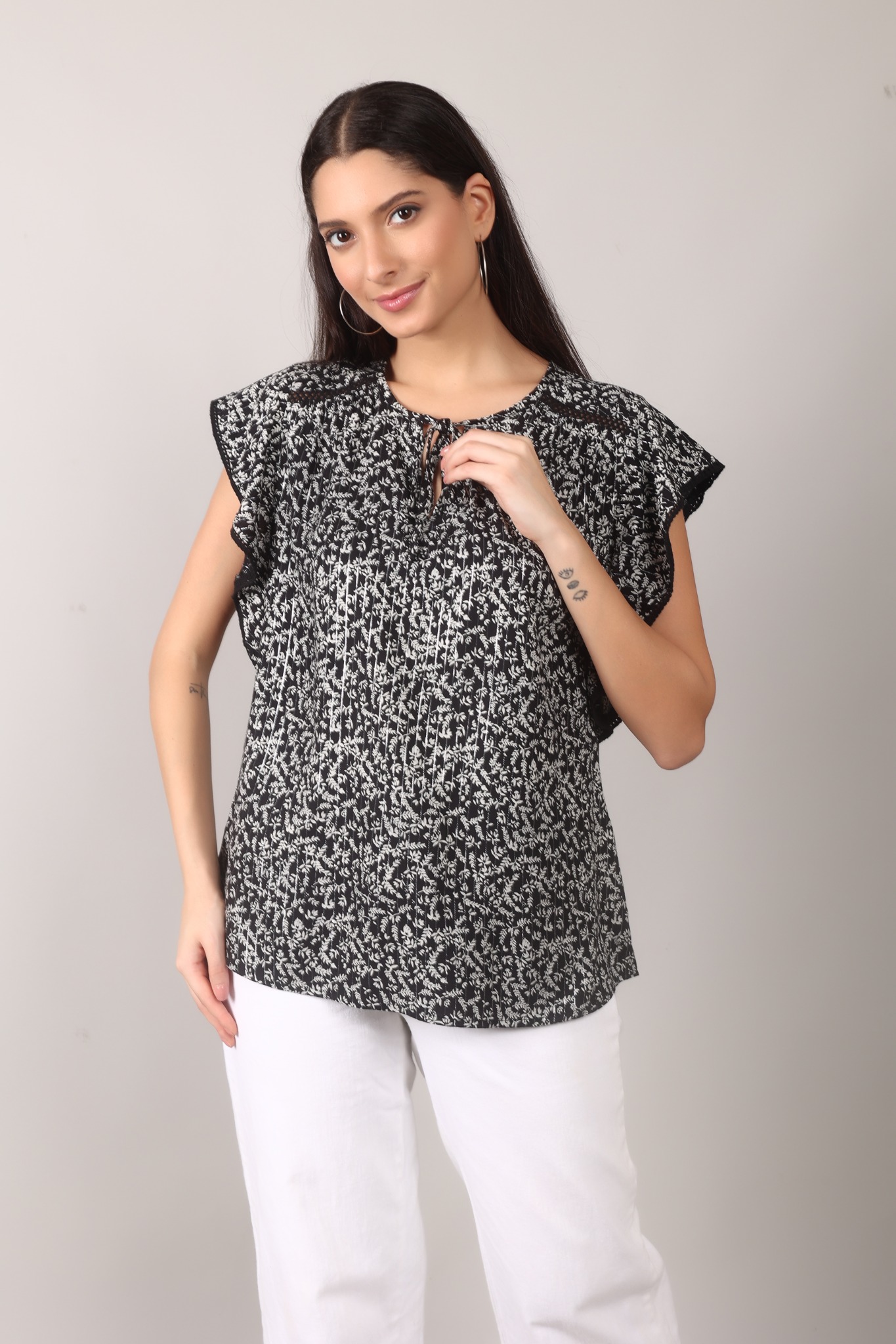 Modyne Printed Rayon Ruffle Cap Sleeve Top