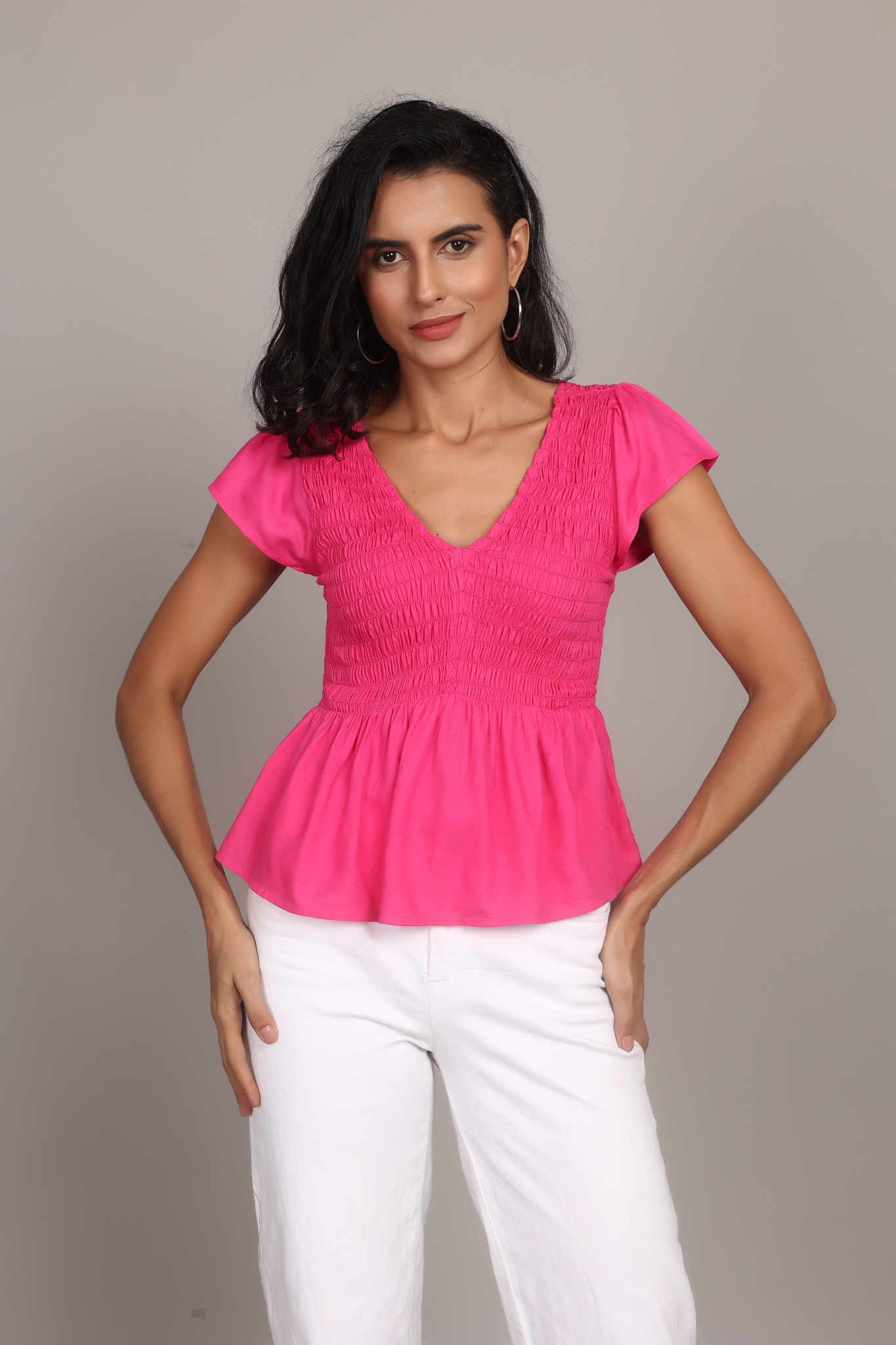 Modyne Smocked Rayon Peplum Top