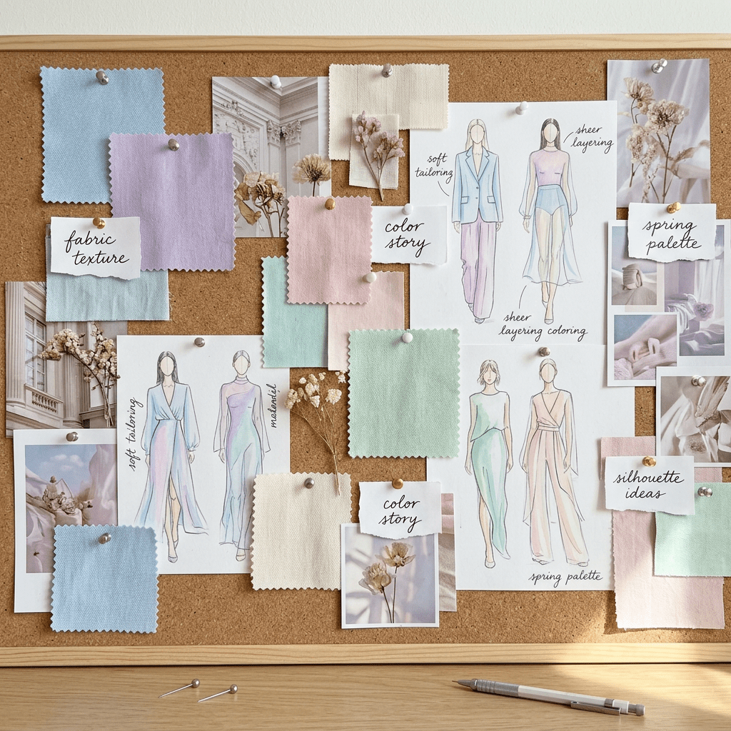 Fashion design mood board with pastel fabric swatches, sketches of outfits, and photos pinned on corkboard